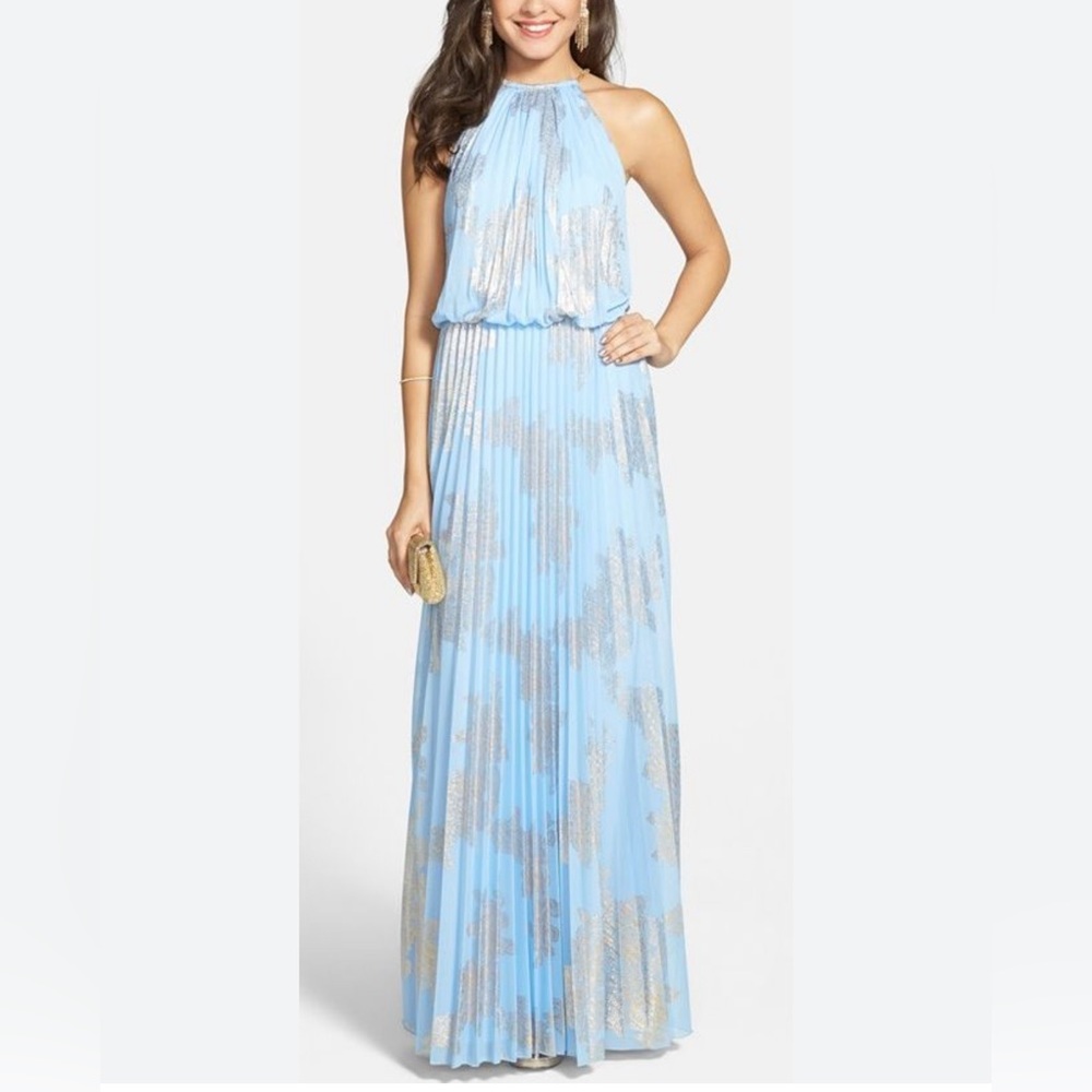 Xscape light blue pleaded halter dress